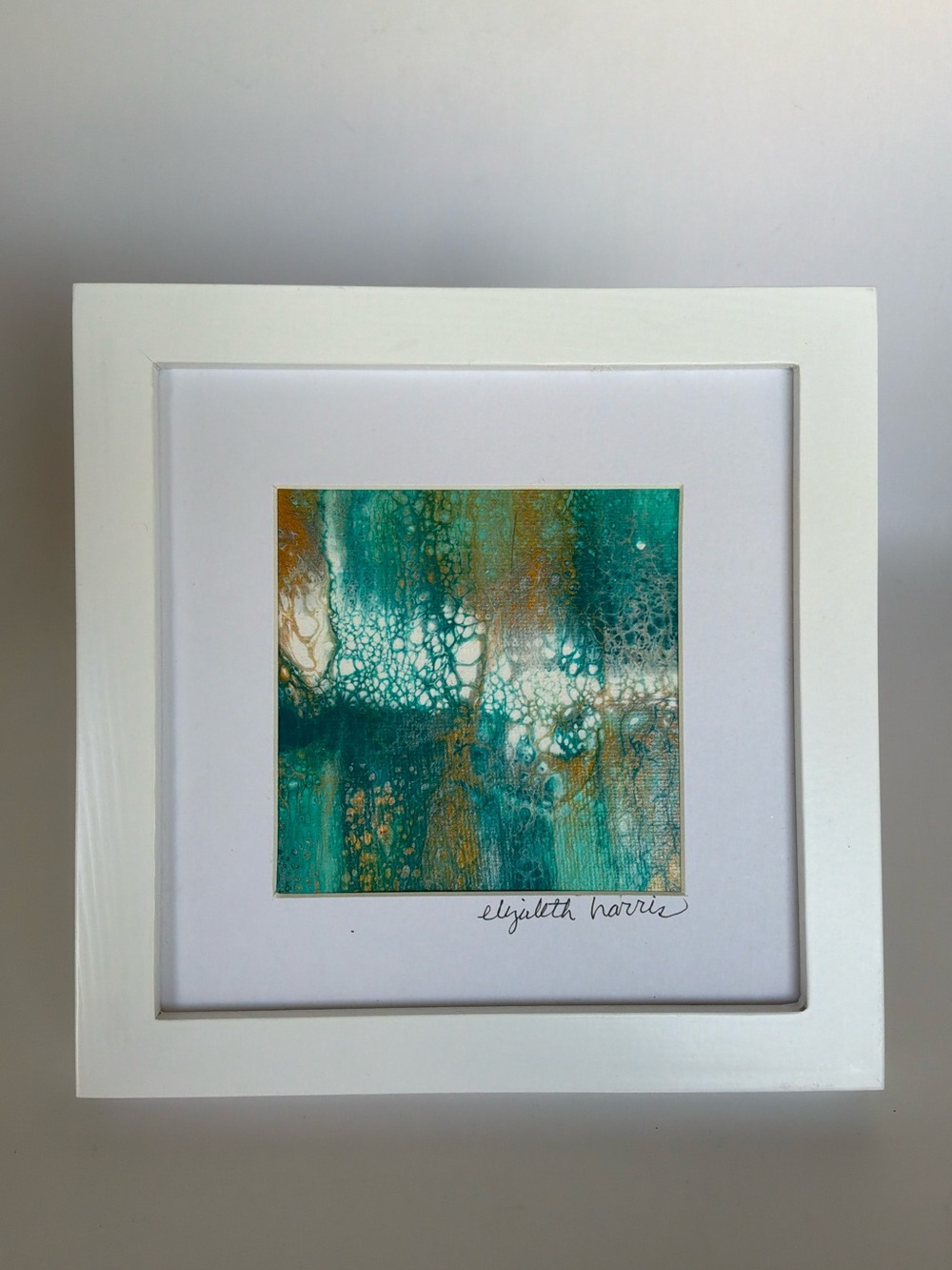 Elizabeth Harris Abstract Acrylic Art Teal Gold Framed Signed